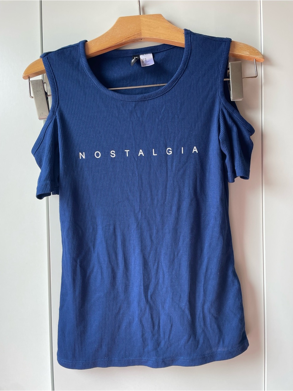 H&M Blue Ribbed Cold-Shoulder Tank with NOSTALGIA Logo